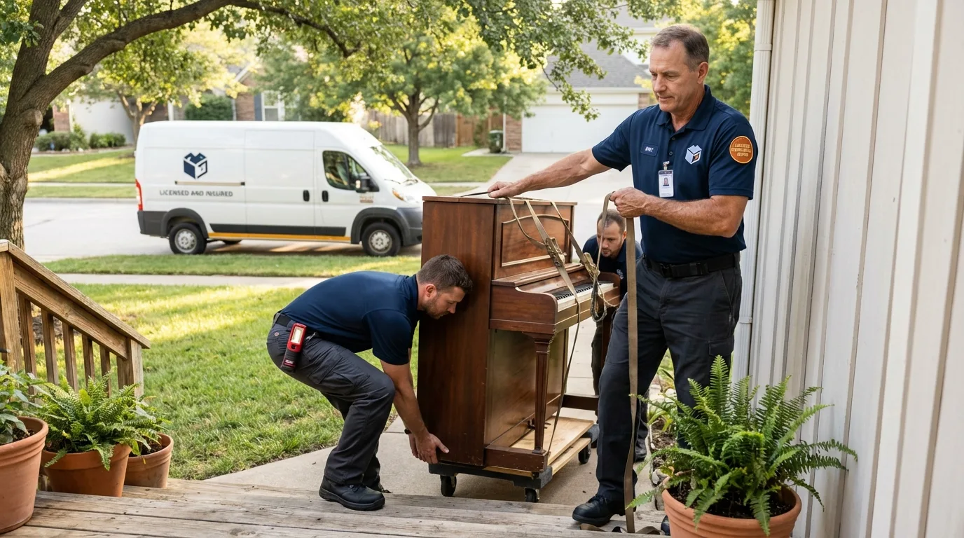 Licensed piano movers securing grand piano in Smithville, OH