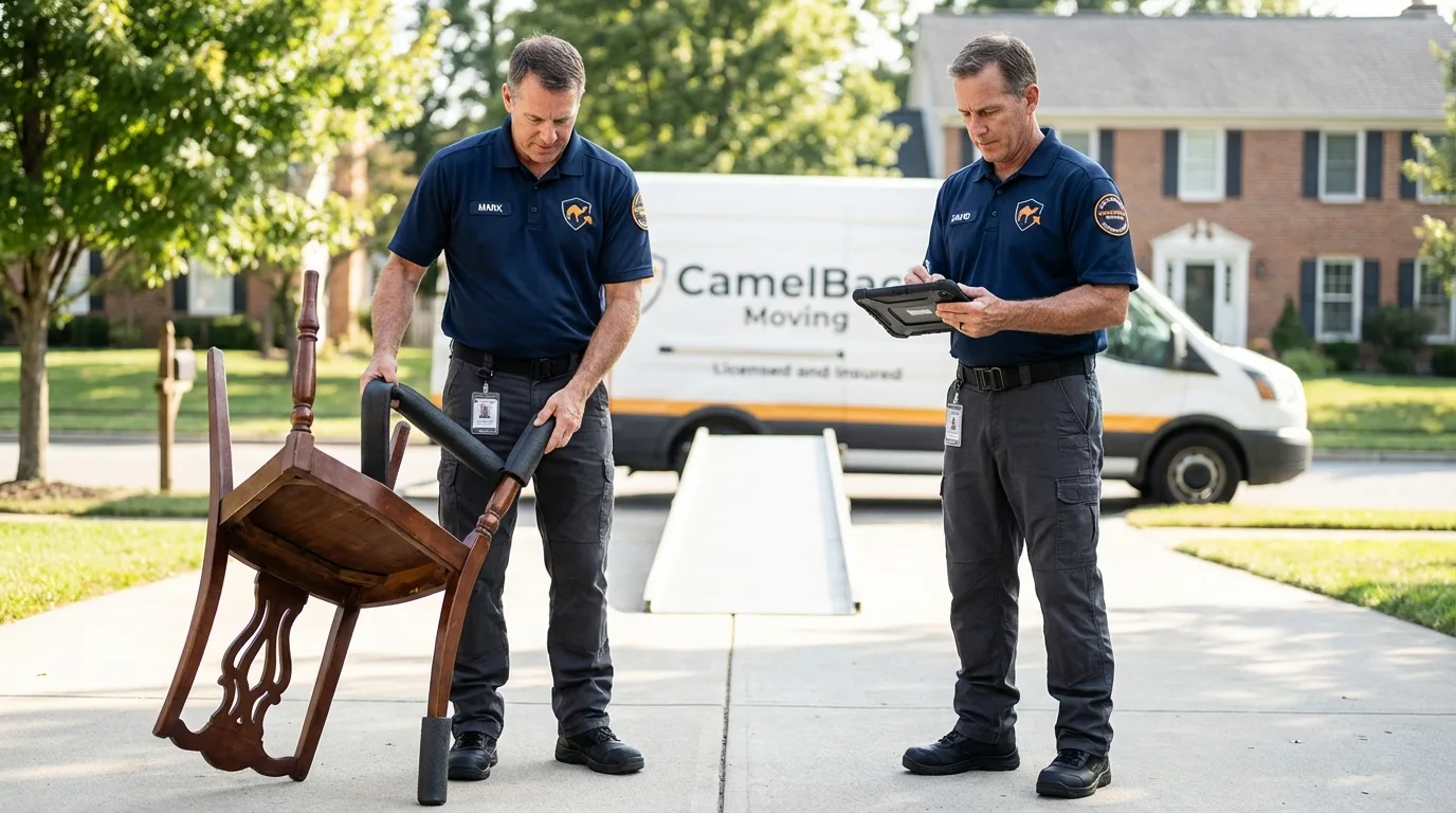 Movers inspecting furniture for damage prevention before loading in Smithville, OH